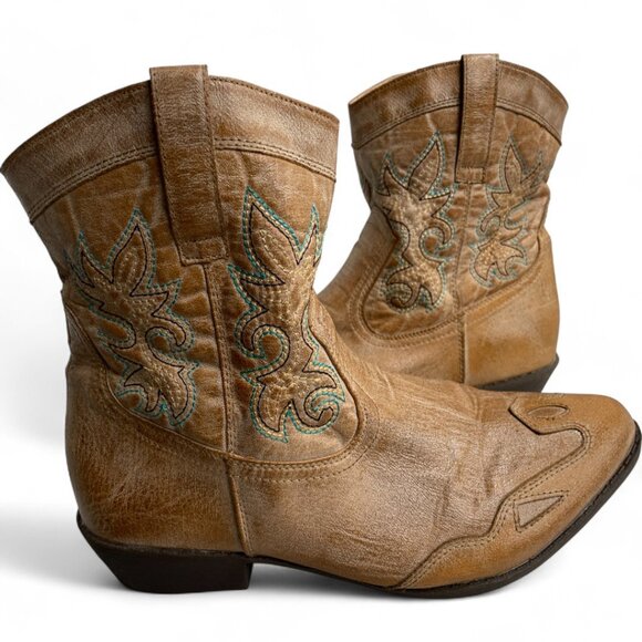 Arizona Ankle Boots Cowgirl Western Cowboy Faux Leather Tan Turquoise Women's 10 - Picture 1 of 12